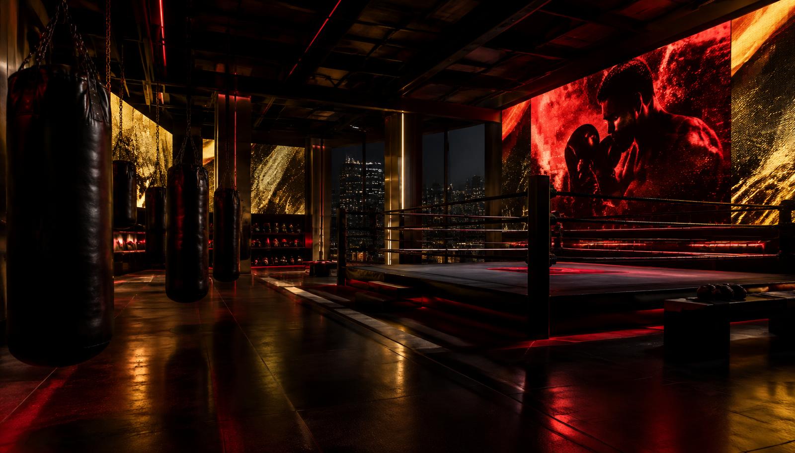 Concept rendering of a Let's Go Champ boxing gym with LED video walls